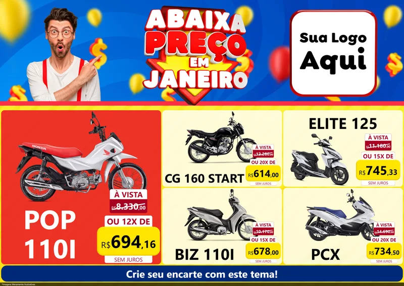 Modelo de Encarte para Encarte A4 Horizontal com o tema Abaixa Preço em Janeiro para Concessionaria de Motos