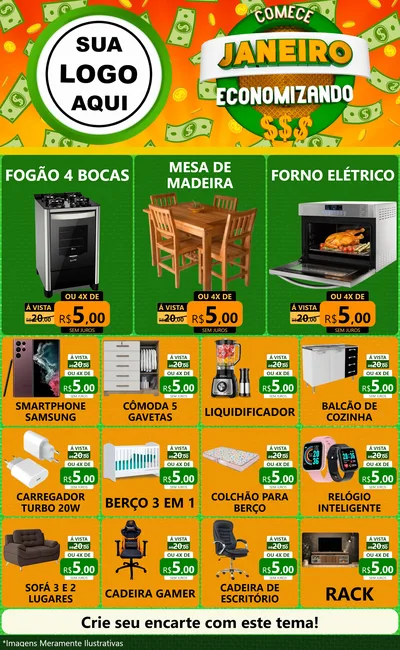 Modelo de Encarte para Encarte Grande com o tema Comece Janeiro Economizando para Móveis e Eletro