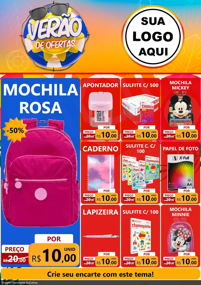 Modelo de Encarte para Encarte A4 Vertical com o tema Verão de Ofertas para Papelaria