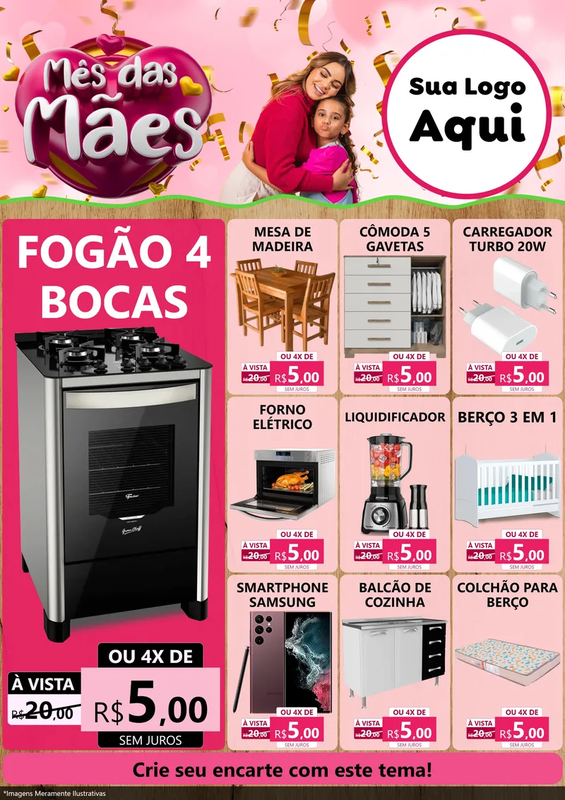 Modelo de Encarte para Encarte A4 Vertical com o tema Mês das Mães para Móveis e Eletro