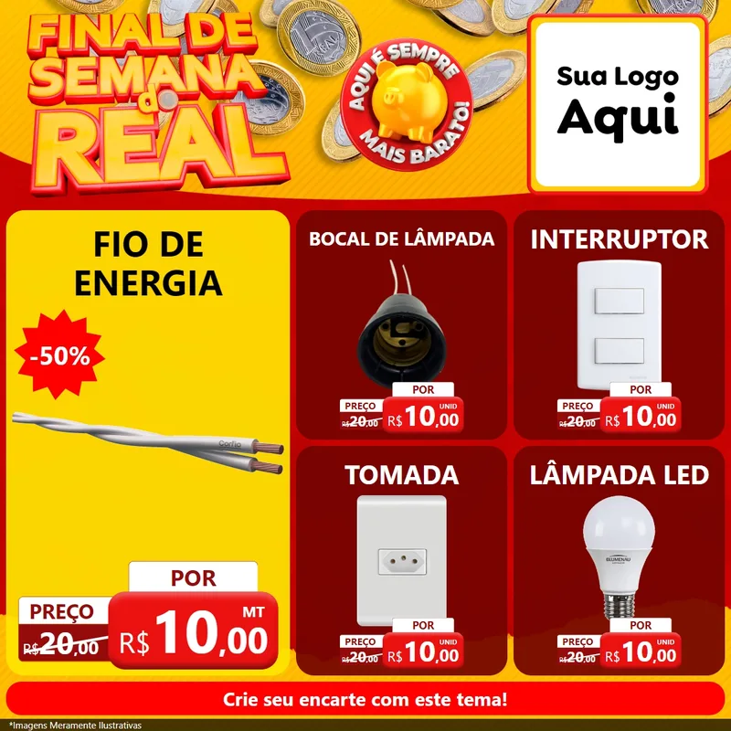 Modelo de Rede Social para Feed Facebook com o tema Final de Semana do Real para Materiais Elétricos