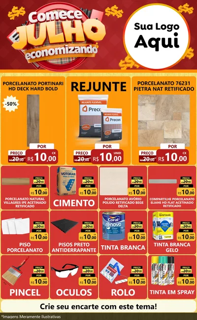 Modelo de Encarte para Encarte Grande com o tema Comece Julho Economizando para Pisos e revestimentos