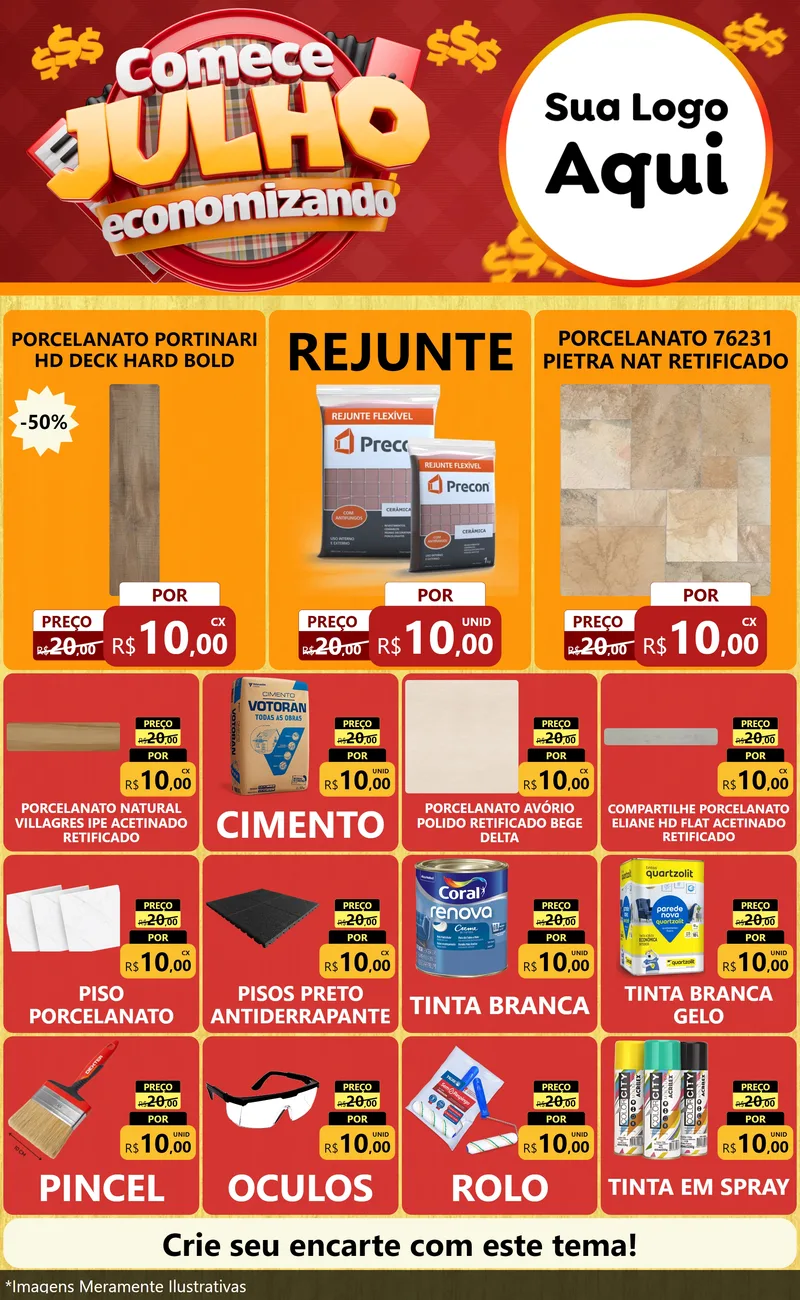 Modelo de Encarte para Encarte Grande com o tema Comece Julho Economizando para Pisos e revestimentos