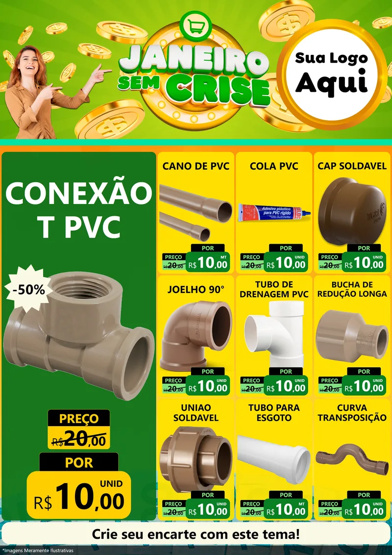 Modelo de Encarte para Encarte A4 Vertical com o tema Janeiro Sem Crise para Tubos e conexões