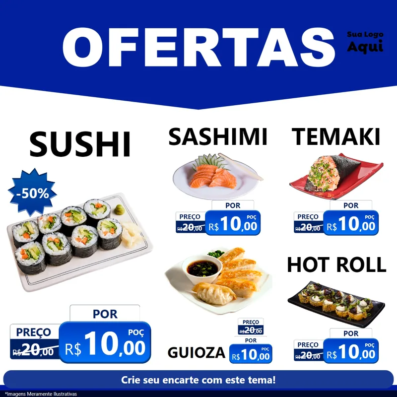 Modelo de Rede Social para Feed Facebook com o tema Ofertas Azul Cartaz para Comida japonesa