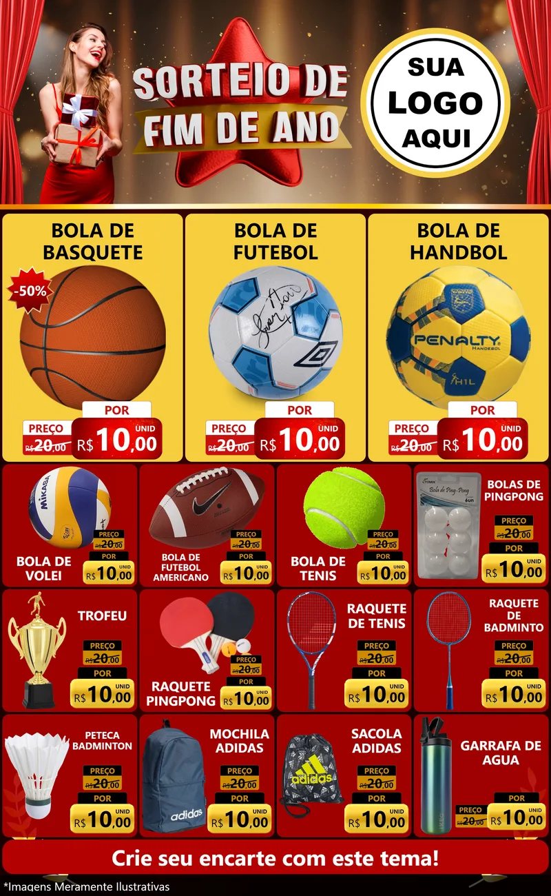 Modelo de Encarte para Encarte Grande com o tema Sorteio de Fim de Ano para Artigos Esportivos