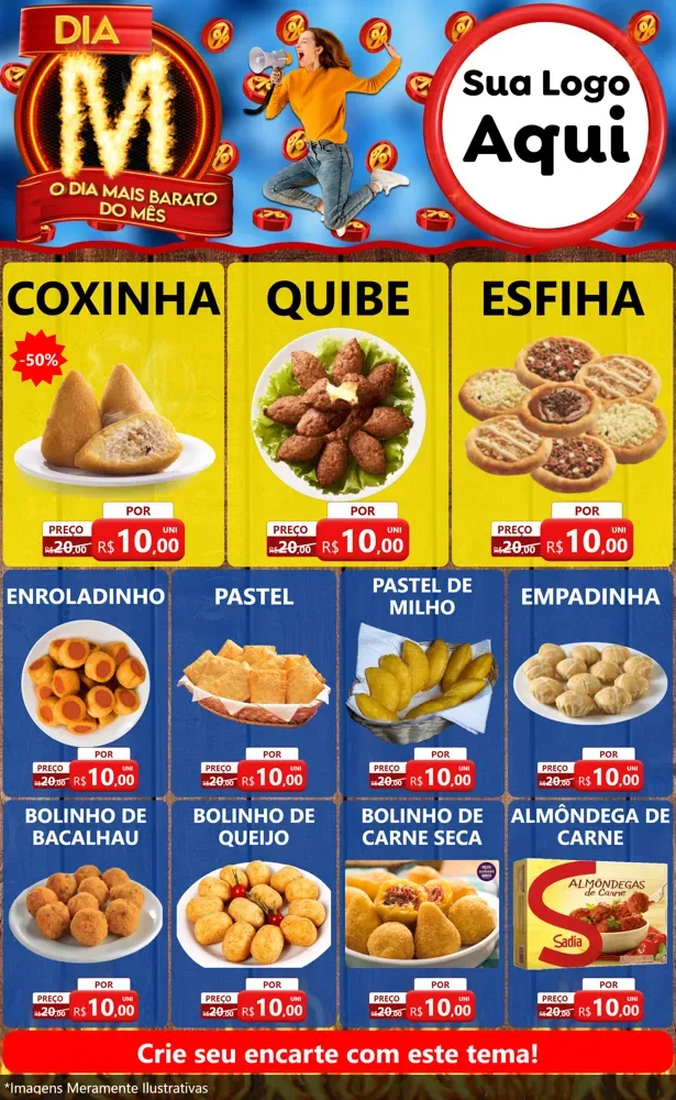 Modelo de Encarte para Encarte Grande com o tema Dia M - O Dia Mais Barato Do Mês para Salgadaria