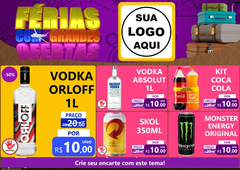 Modelo de Encarte para Encarte A4 Horizontal com o tema Férias com Grandes Ofertas para Distribuidora de bebidas