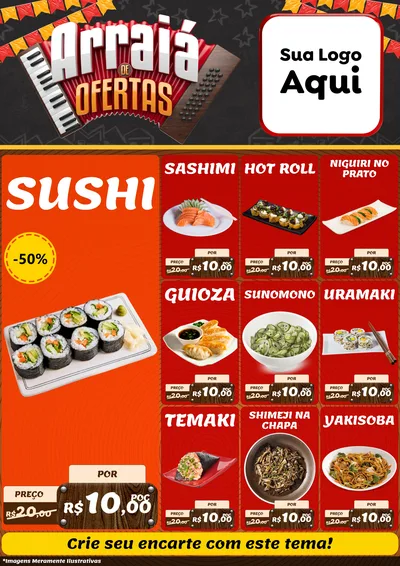 Modelo de Encarte para Encarte A4 Vertical com o tema Arraiá de Ofertas - Junina para Comida japonesa