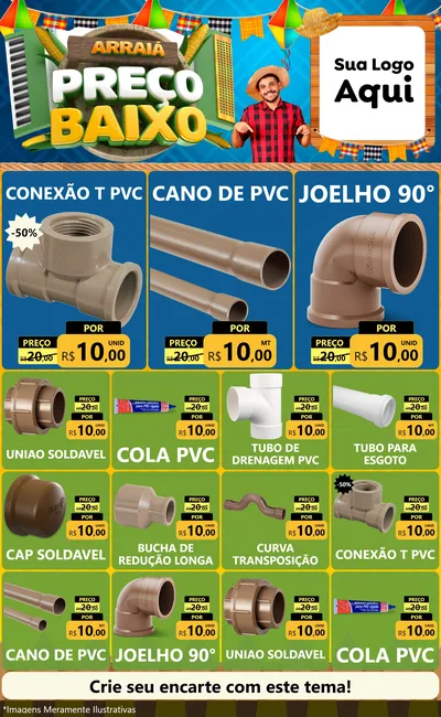 Modelo de Encarte para Encarte Grande com o tema Arraiá de Preço Baixo - Junina para Tubos e conexões