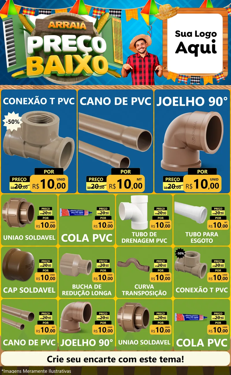 Modelo de Encarte para Encarte Grande com o tema Arraiá de Preço Baixo - Junina para Tubos e conexões