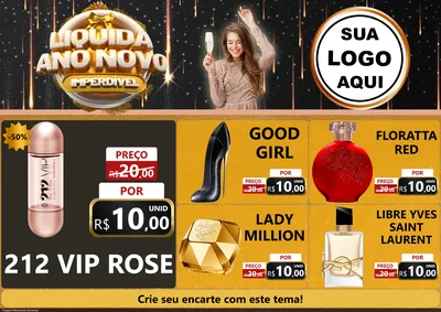 Modelo de Encarte para Encarte A4 Horizontal com o tema Liquida Ano Novo Imperdível para Perfumes