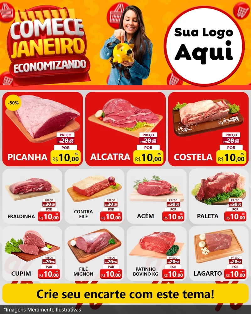 Modelo de Rede Social para Feed Instagram com o tema Comece Janeiro Economizando para Açougue