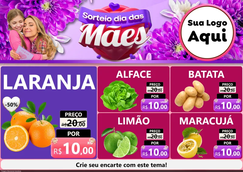 Modelo de Encarte para Encarte A4 Horizontal com o tema Sorteio Dia das Mães para Hortifrúti
