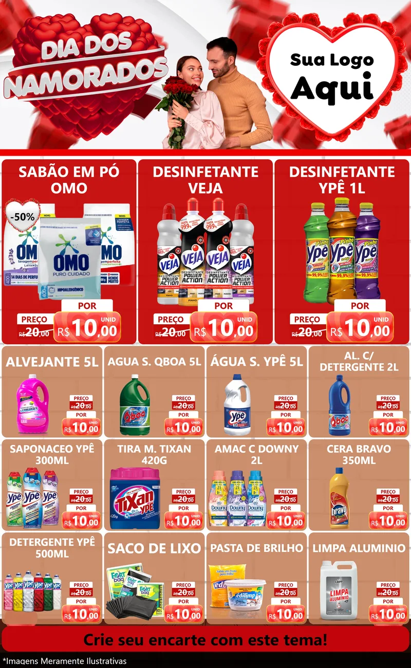 Modelo de Encarte para Encarte Grande com o tema Dia dos Namorados para Produtos de Limpeza