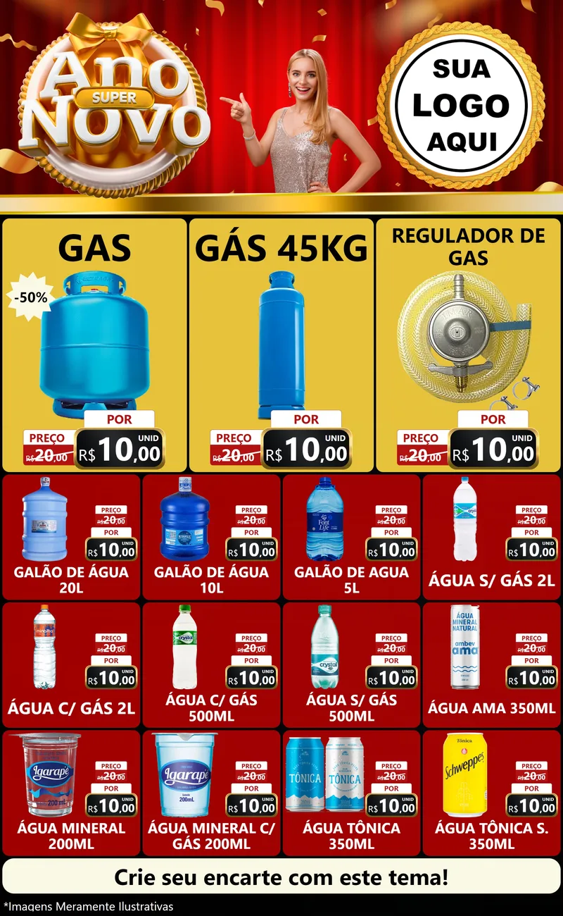 Modelo de Encarte para Encarte Grande com o tema Super Ano Novo para Água e gás