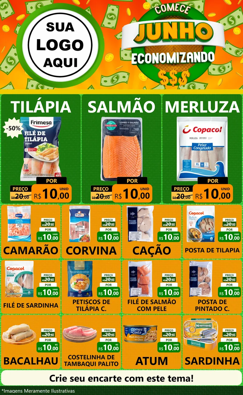 Modelo de Encarte para Encarte Grande com o tema Comece Junho Economizando para Peixaria