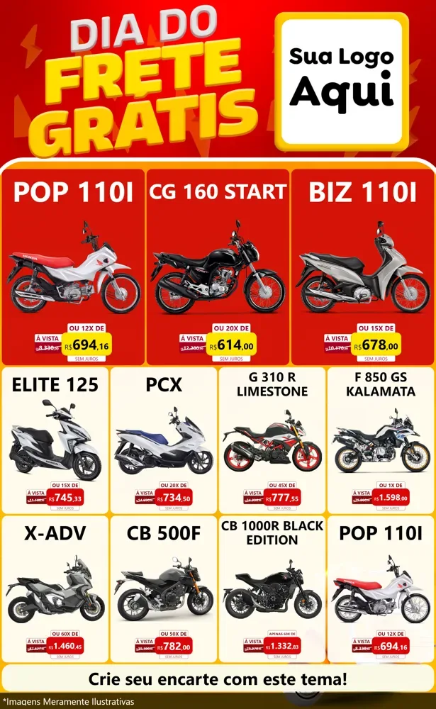 Modelo de Encarte para Encarte Grande com o tema Dia do Frete Grátis para Concessionaria de Motos