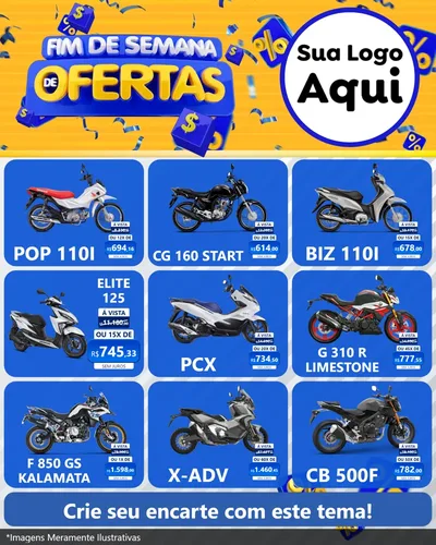 Modelo de Rede Social para Feed Instagram com o tema Fim de Semana de Ofertas para Concessionaria de Motos