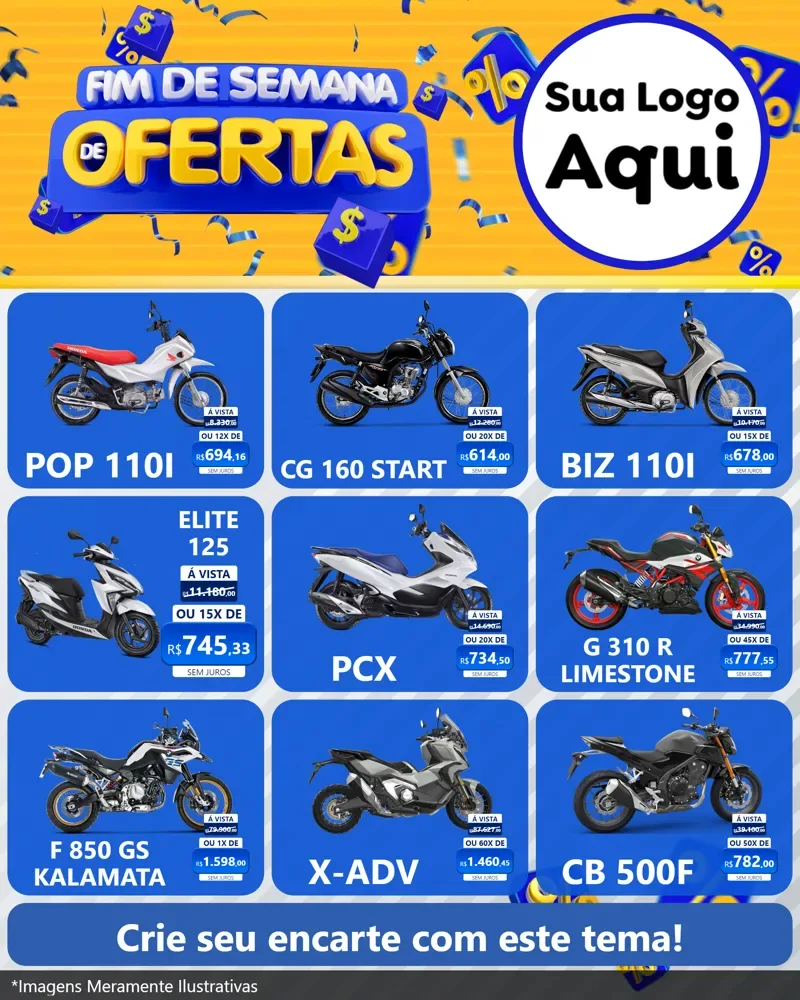 Modelo de Rede Social para Feed Instagram com o tema Fim de Semana de Ofertas para Concessionaria de Motos