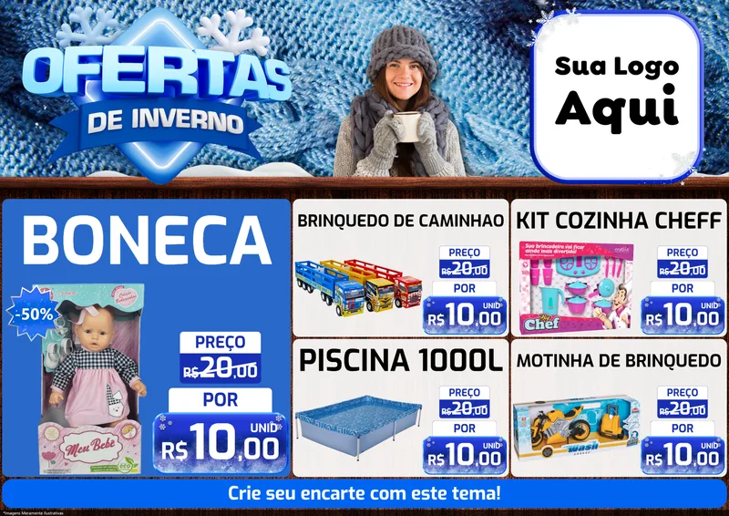 Modelo de Encarte para Encarte A4 Horizontal com o tema Ofertas de Inverno para Brinquedos