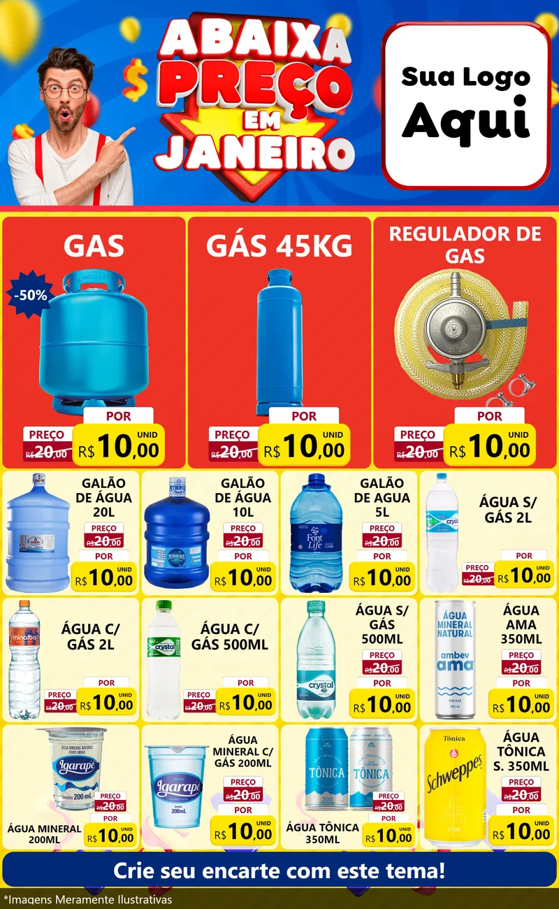 Modelo de Encarte para Encarte Grande com o tema Abaixa Preço em Janeiro para Água e gás