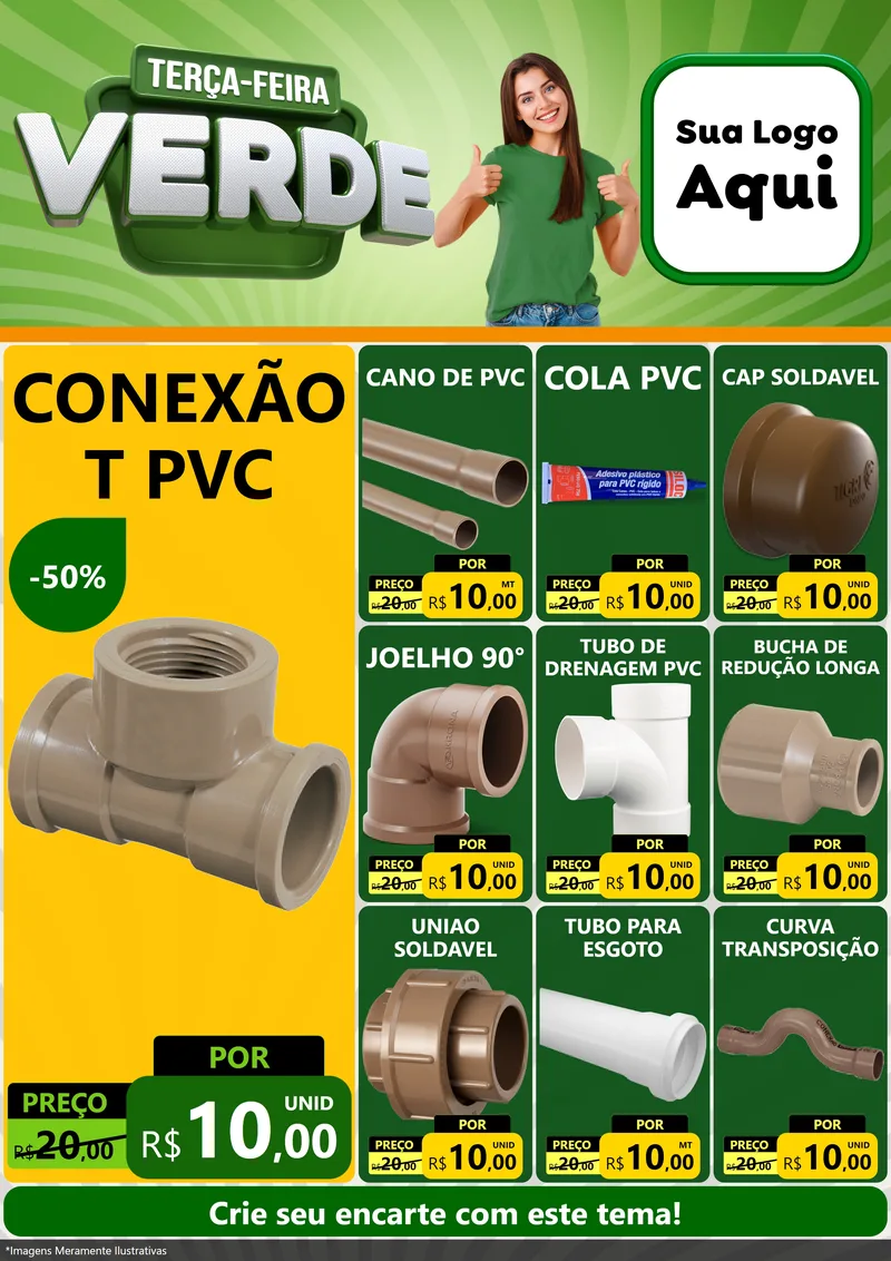 Modelo de Encarte para Encarte A4 Vertical com o tema Terça - Feira Verde para Tubos e conexões