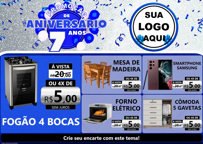 Modelo de Encarte para Encarte A4 Horizontal com o tema Promoção de Aniversário - 7 Anos para Móveis e Eletro