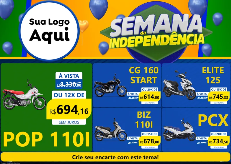 Modelo de Encarte para Encarte A4 Horizontal com o tema Semana da Independência para Concessionaria de Motos