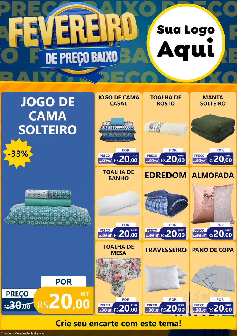 Modelo de Encarte para Encarte A4 Vertical com o tema Fevereiro de Preço Baixo para Cama, Mesa e Banho