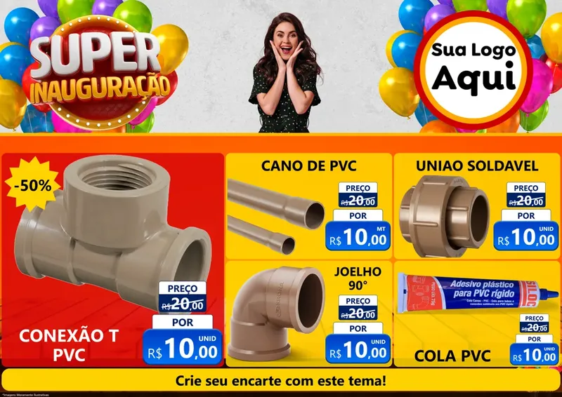 Modelo de Encarte para Encarte A4 Horizontal com o tema Super Inauguração para Tubos e conexões