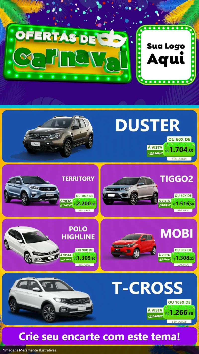 Modelo de TV para TV Vertical com o tema Ofertas de Carnaval para Concessionaria de Carros