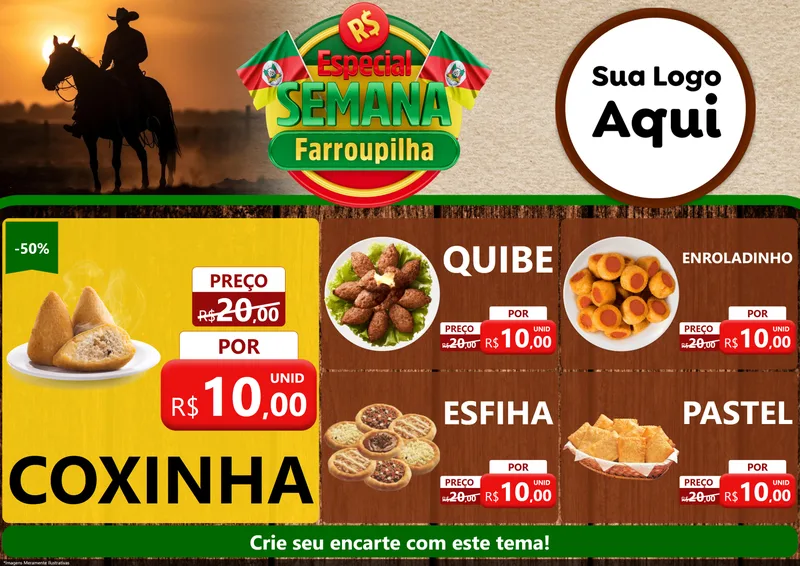 Modelo de Encarte para Encarte A4 Horizontal com o tema Especial Semana Farroupilha para Salgadaria