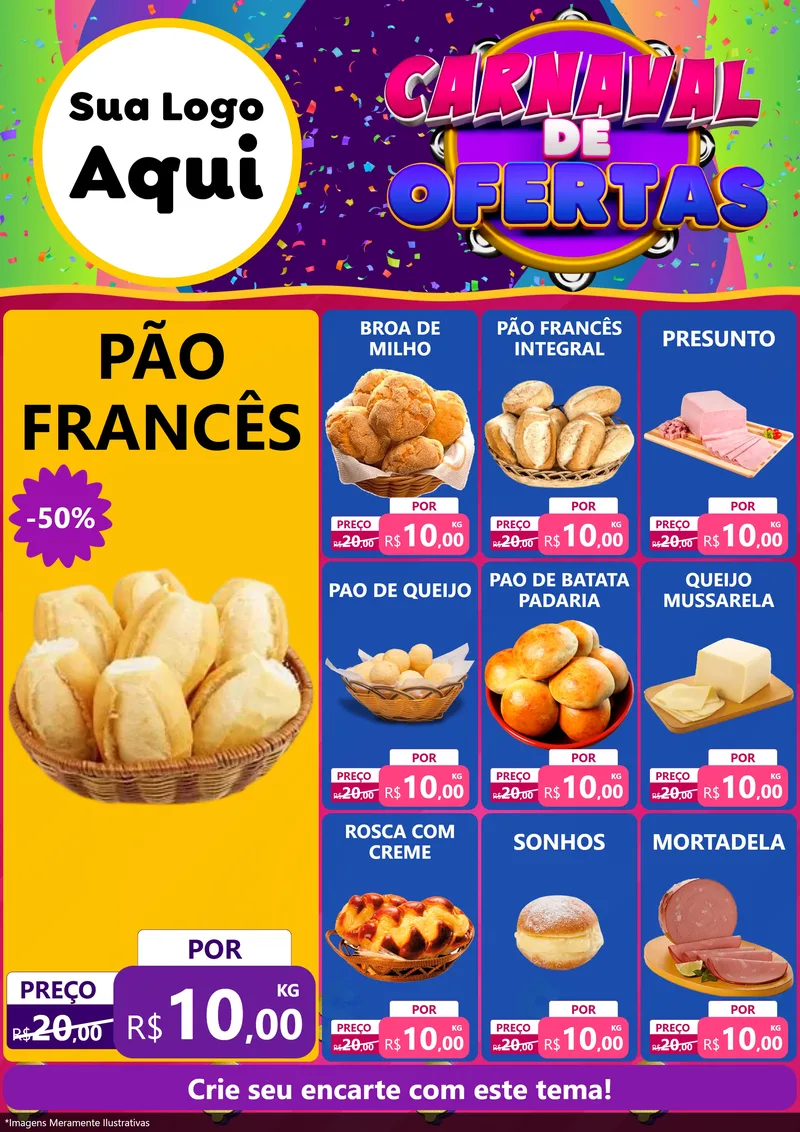 Modelo de Encarte para Encarte A4 Vertical com o tema Carnaval de Ofertas para Padaria