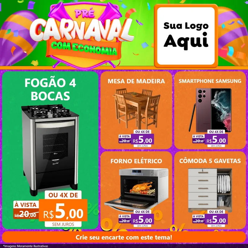 Modelo de Rede Social para Feed Facebook com o tema Pré-Carnaval Com Economia para Móveis e Eletro
