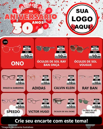 Modelo de Rede Social para Feed Instagram com o tema Promoção de Aniversário - 30 Anos para Óticas