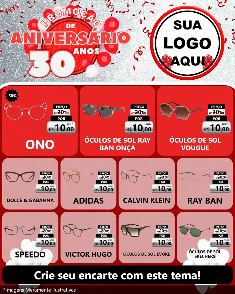 Modelo de Rede Social para Feed Instagram com o tema Promoção de Aniversário - 30 Anos para Óticas