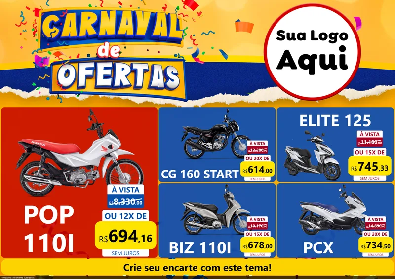 Modelo de Encarte para Encarte A4 Horizontal com o tema Carnaval de Ofertas para Concessionaria de Motos