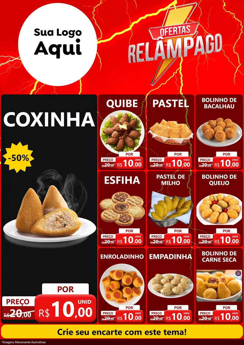 Modelo de Encarte para Encarte A4 Vertical com o tema Ofertas Relâmpago para Salgadaria