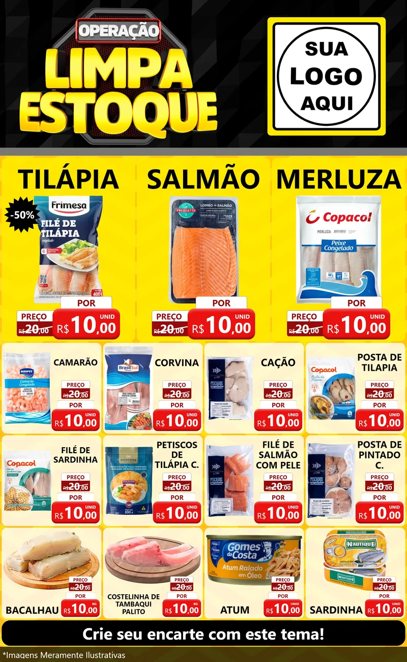 Modelo de Encarte para Encarte Grande com o tema Operação Limpa Estoque para Peixaria