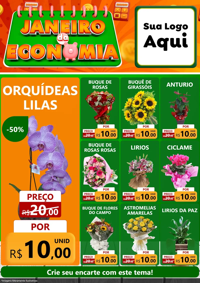 Modelo de Encarte para Encarte A4 Vertical com o tema Janeiro da Economia para Floricultura e jardim