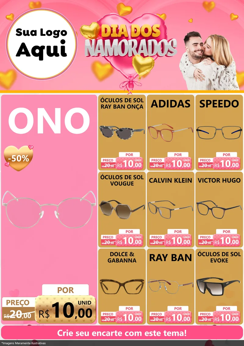Modelo de Encarte para Encarte A4 Vertical com o tema Dia dos Namorados para Óticas