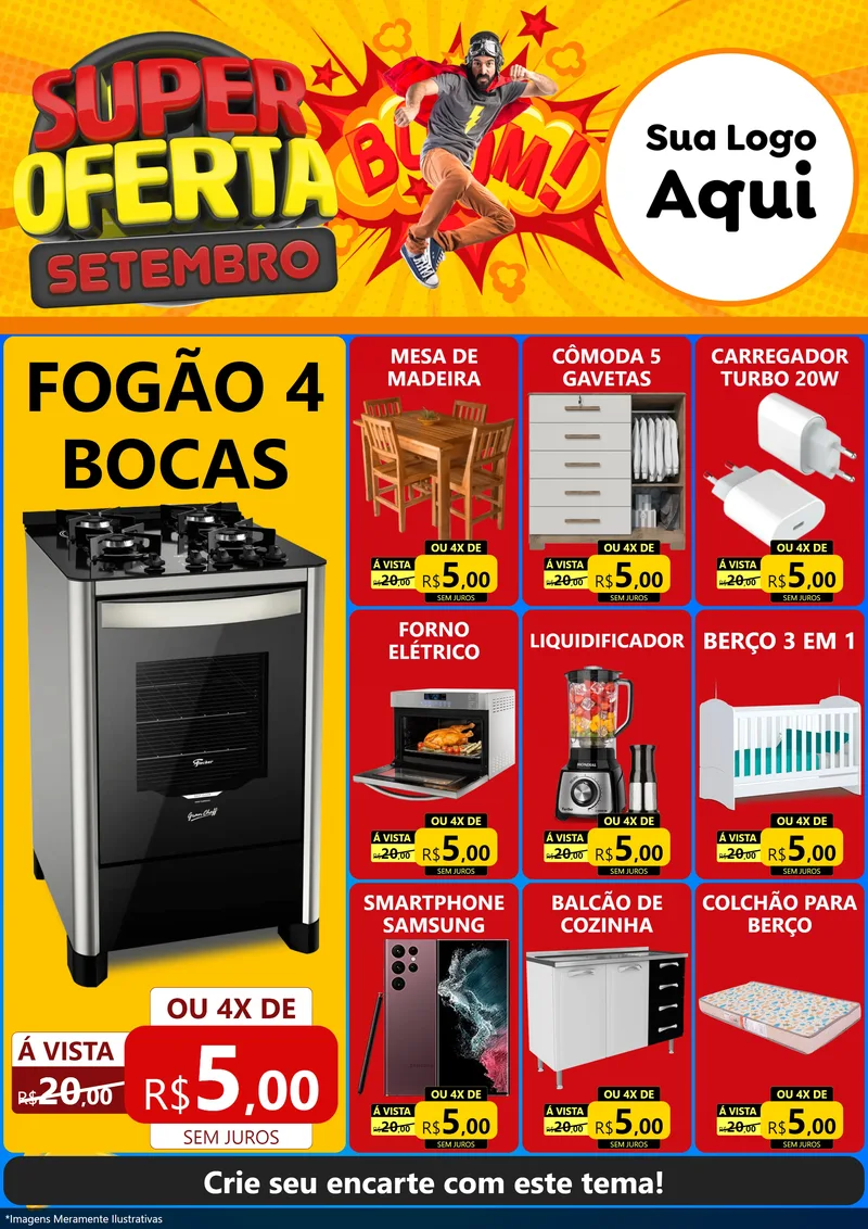 Modelo de Encarte para Encarte A4 Vertical com o tema Super Oferta Setembro para Móveis e Eletro