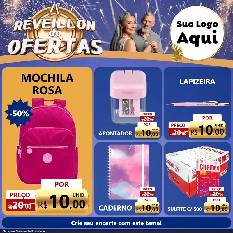 Modelo de Rede Social para Feed Facebook com o tema Réveillon de Ofertas para Papelaria