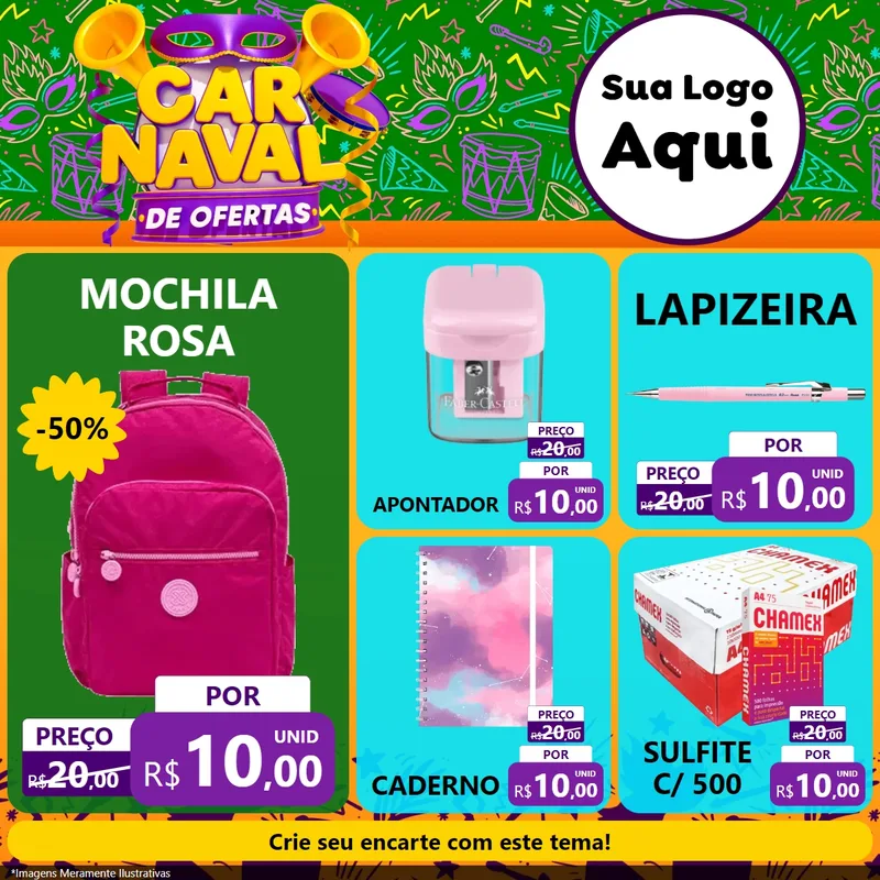 Modelo de Rede Social para Feed Facebook com o tema Carnaval de Ofertas para Papelaria