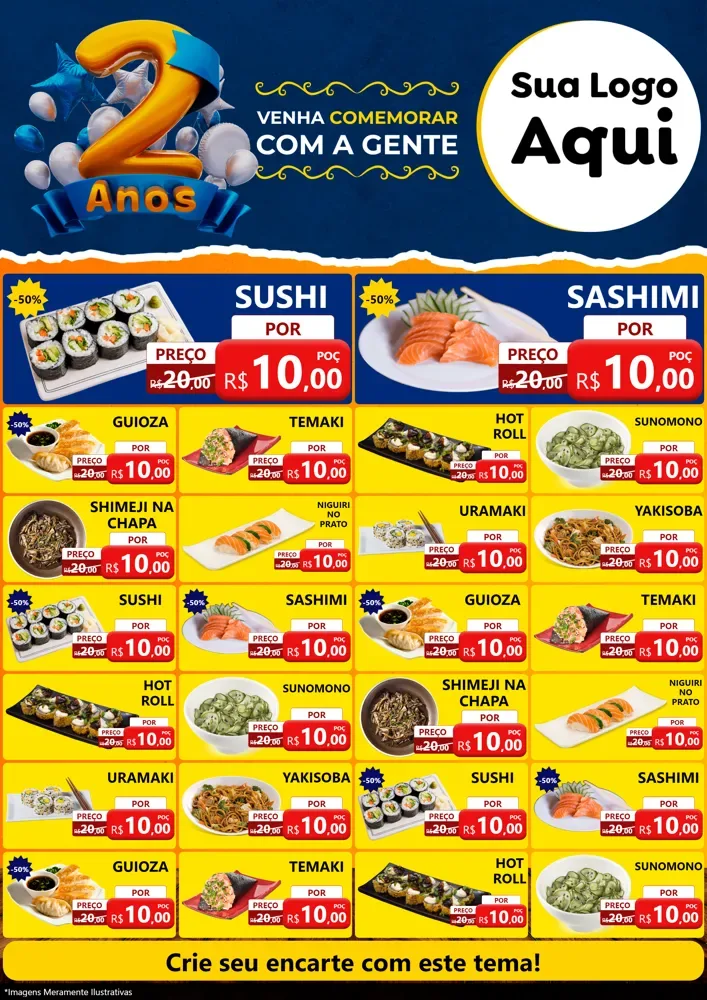 Modelo de Encarte para Encarte A4 Vertical com o tema Aniversário de 2 anos para Comida japonesa