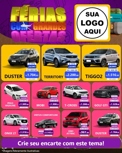 Modelo de Rede Social para Feed Instagram com o tema Férias com Grandes Ofertas para Concessionaria de Carros