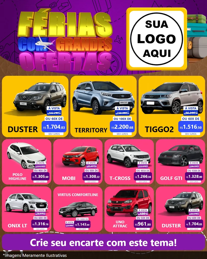 Modelo de Rede Social para Feed Instagram com o tema Férias com Grandes Ofertas para Concessionaria de Carros