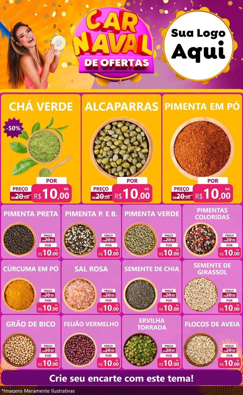Modelo de Encarte para Encarte Grande com o tema Carnaval de Ofertas para Produtos Naturais