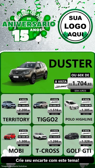 Modelo de Rede Social para Stories com o tema Promoção de Aniversário - 15 Anos para Concessionaria de Carros